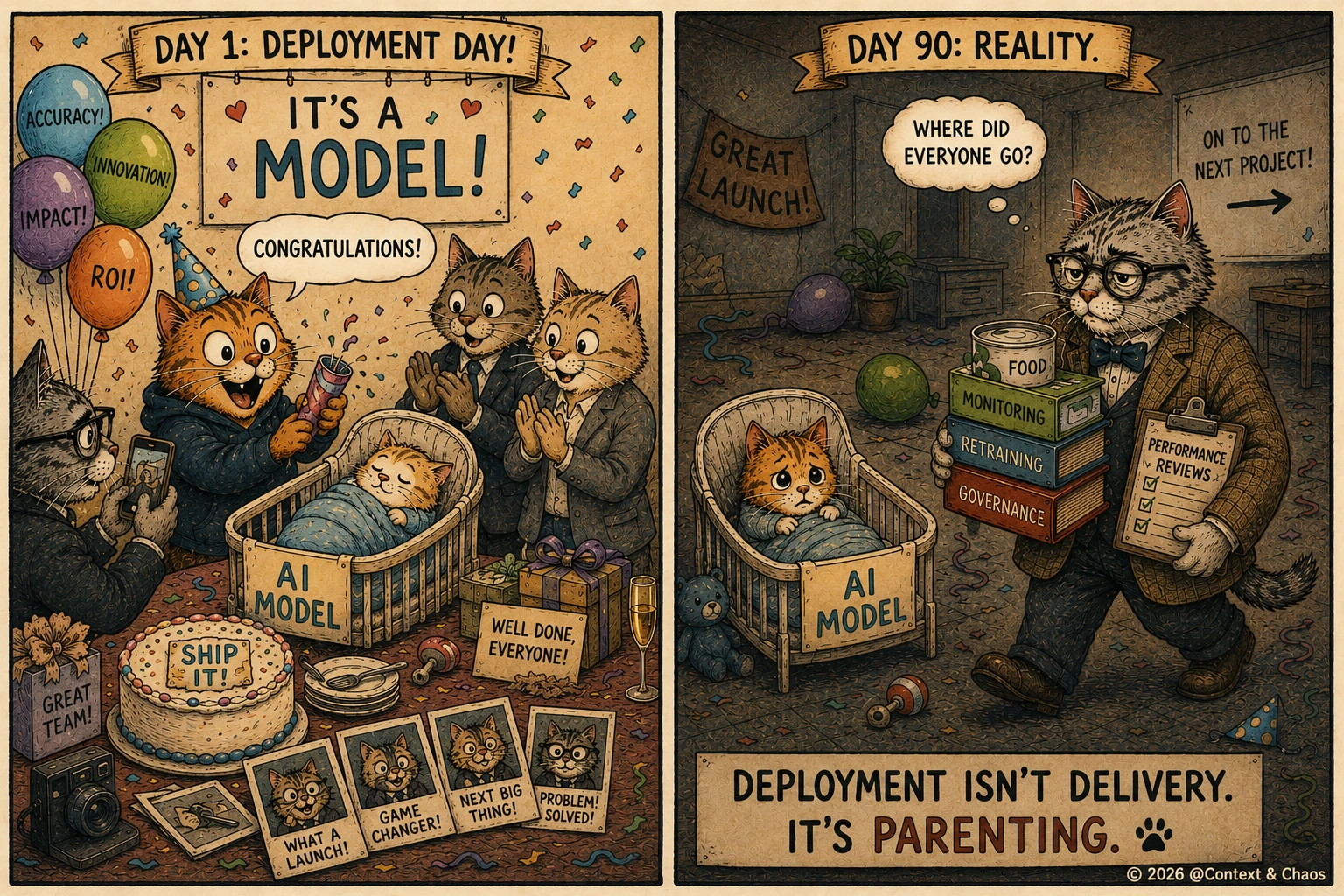 The Cats of Context & Chaos: a two-panel cartoon. Day 1, the cats celebrate "It's a model!"; Day 90, a lone cat in glasses asks "Where did everyone go?" Caption: deployment isn't delivery, it's parenting.