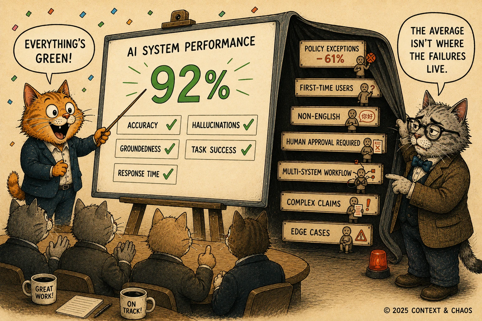 The Cats of Context & Chaos: an orange cat celebrates an AI dashboard showing 92% with all-green checkmarks ("Everything's green!") while a grey bespectacled cat pulls back a curtain revealing the failing segments behind it, policy exceptions at 61%, first-time users, non-English queries, complex claims. "The average isn't where the failures live."