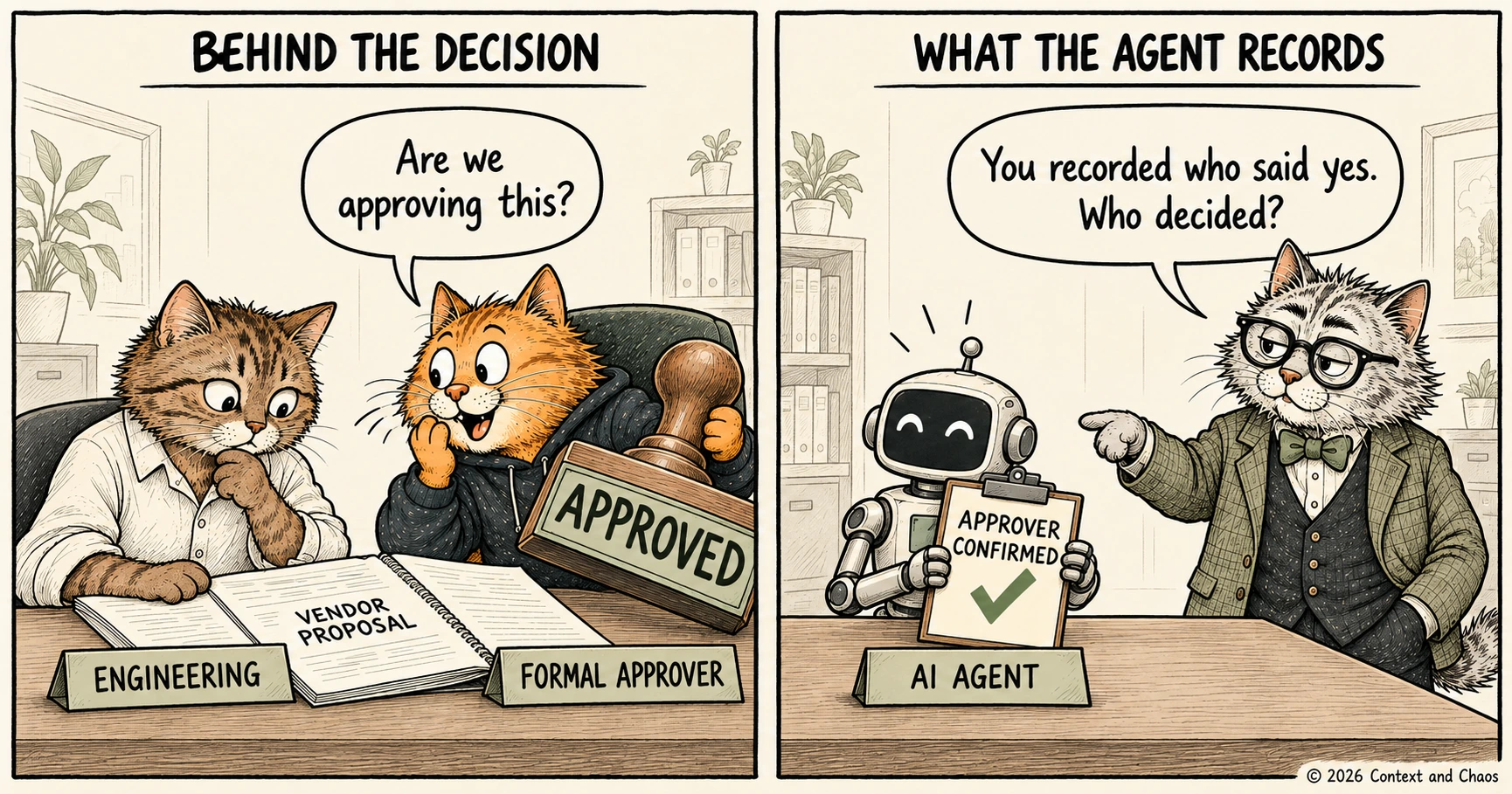 Two-panel cartoon. In the first panel, titled Behind the Decision, a tabby cat behind an Engineering nameplate leans over a vendor proposal while an orange cat behind a Formal Approver nameplate holds an Approved stamp and asks, are we approving this? In the second panel, titled What the Agent Records, a small robot behind an AI Agent nameplate holds up a sheet marked approver confirmed, and a grey professor cat in glasses and a tweed jacket points at it and says, you recorded who said yes. Who decided?