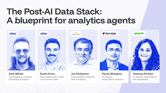 The Post-AI Data Stack: A blueprint for analytics agents. Zach Michel and Austin Kronz, Atlan; Joe DosSantos, Workday; Piyush Bhargava, DocuSign; Sowmya Parthan, Upwork.