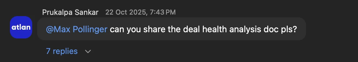 A Slack message from Prukalpa Sankar asking for the deal health analysis doc, with seven replies.